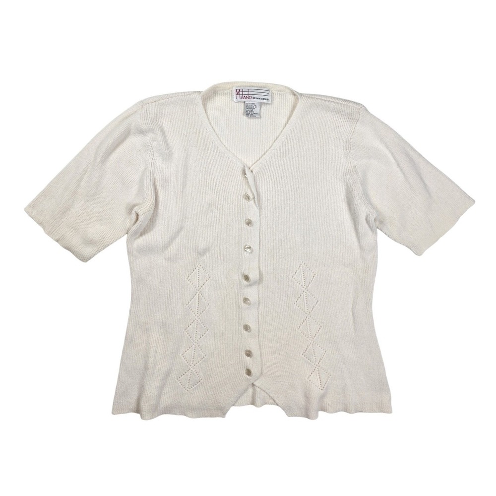 Milano Design Group Ivory Button Front V Neck Short Sleeve Knit Sweater Womens M